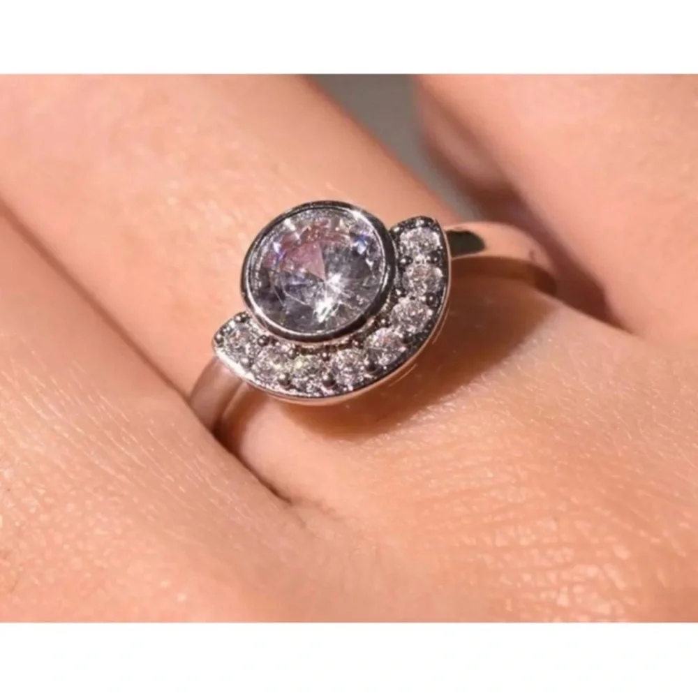 NEW 2Ct Half Moon Rhodium 925‎ Silver Simulated Diamond, Size 9